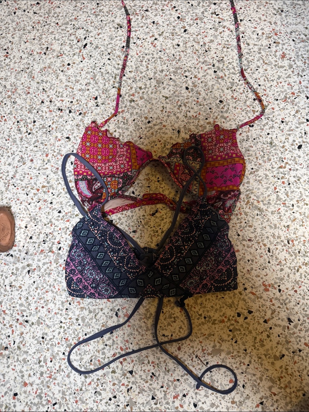 Patterned Pink and Navy Bikini Tops - Mixed Print